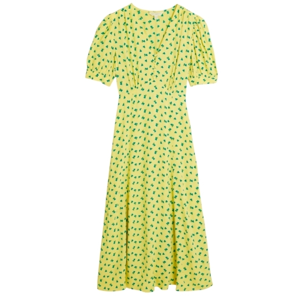 M&S x GHOST Yellow Floral Midi Tea Dress – Puff Sleeve – UK 14 (US 10)